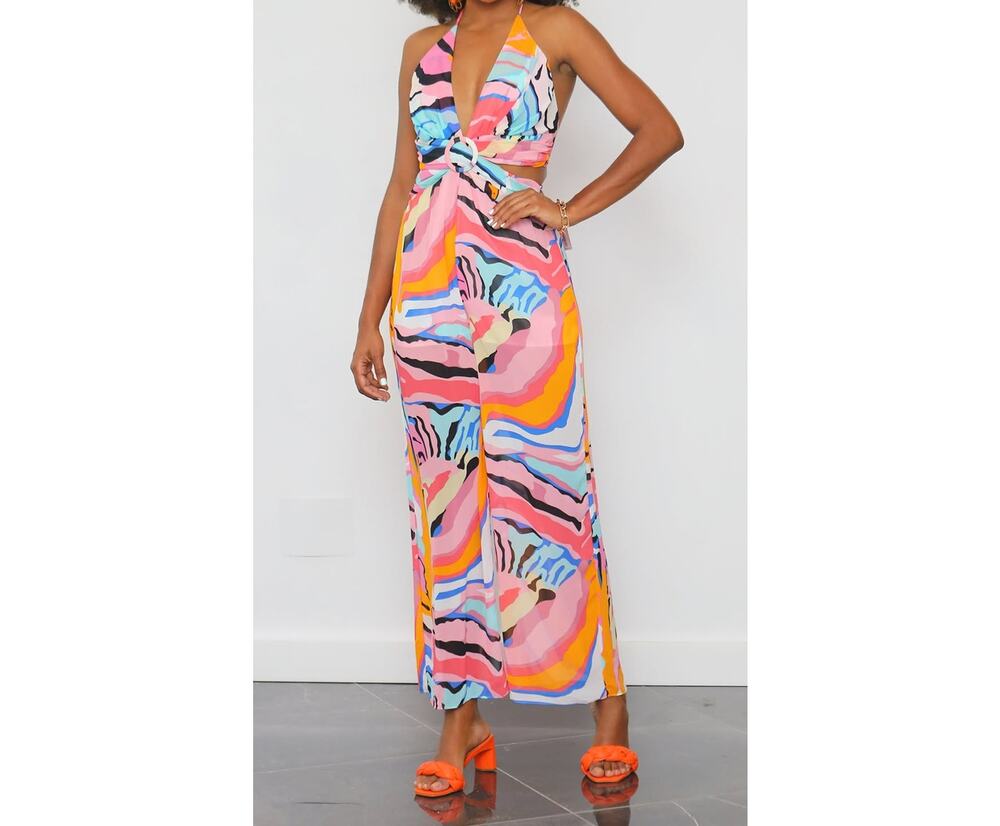 Nichole Lynel Halter Jumpsuit S Multicolor Abstract Print Wide Leg O Ring Y2K